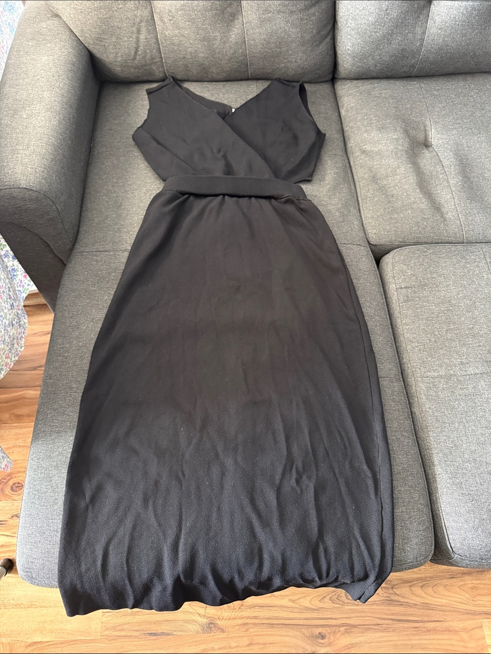 Black V-Neck Midi Dress with Waist Detail
